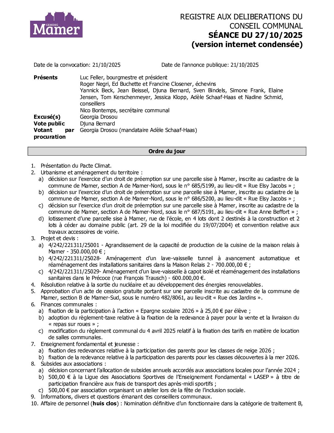 Séance du conseil 2025-10-27