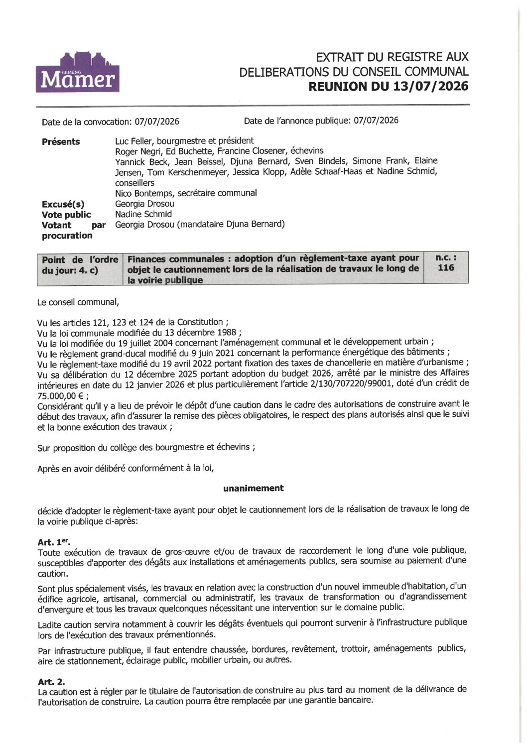 Règlement-taxe ayant pour objet le cautionnement lors de la réalisation de travaux le long de la voirie publique